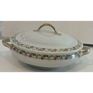 Limoges W.M. Guerin France Rose & Stem Band Round Covered Vegetable With Lid